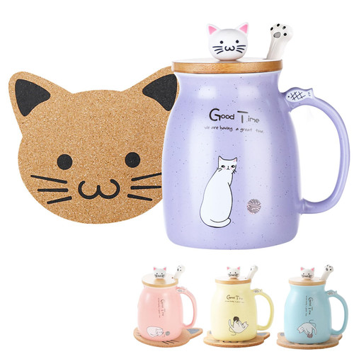 Cute Cat Mug Ceramic Coffee Cup with Lovely Kitty lid, cat paw Spoon and Coaster, Morning Tea Milk Cup for girls women Christmas Birthday Gift Mug 380ML (Purple)
