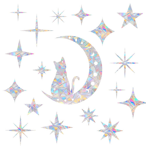 Shawula Cat Moon and 54PCS Star Window Clings - Anti-Collision Window Decals to Save Birds from Window Collisions,Non Adhesive Prismatic Vinyl Window Clings, (Rainbow Stickers)