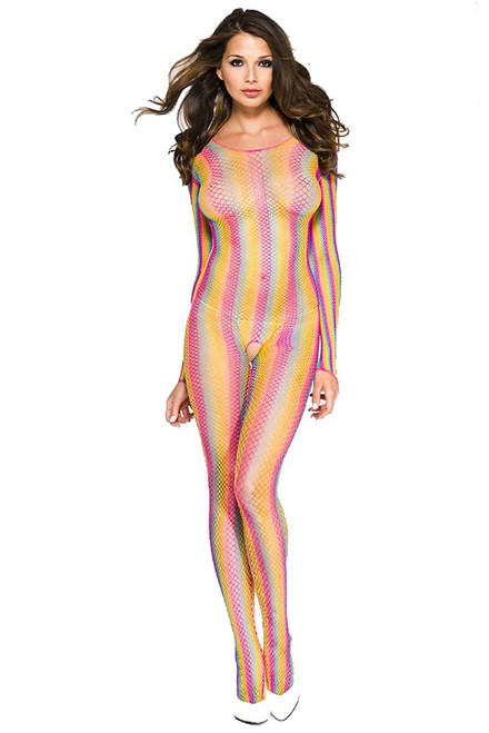 MUSIC LEGS Women's Rainbow Fishnet Striped Crotchless Bodystocking, One Size