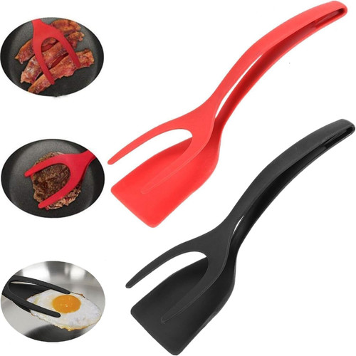 Egg Flipper Spatula, 2 in 1 Grip and Flip Spatula Tongs Egg Flipper Tong, Spatula Tong Grill Clamp for Kitchen Cooking Baking ? 2Pcs Black/Red?