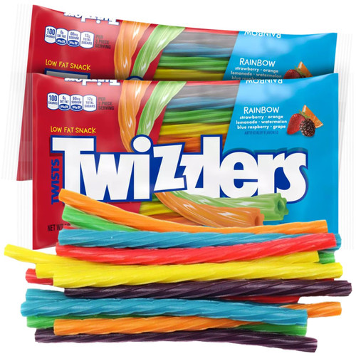 TWIZZLERS Rainbow Twists Assorted Flavors - 2 Pack Bulk Multi Color Small Licorice Twizzlers Candy Strawberry, Orange, Lemonade, Watermelon, Blue Raspberry, & Grape Flavors for Party Favors, Birthdays