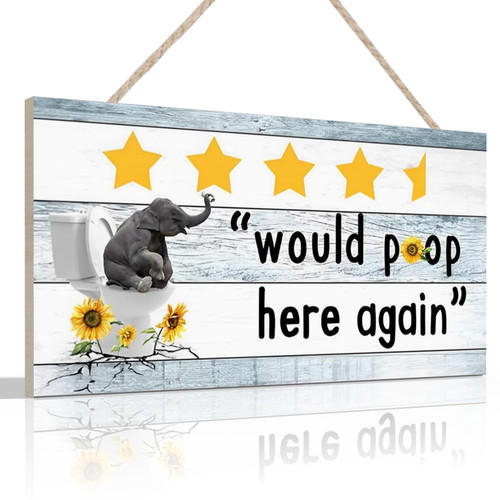 Funny Bathroom Wall Decor Quote, Would Poop Here Again Sign 4.5 Starts, Elephant Retro Farmhouse Wood Wall Sign Decor Gift Idea for Friend Family Office/Home Bathroom