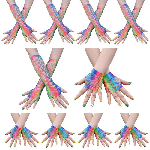 Katutude 10 Pairs Rainbow Fishnet Fingerless Elbow Length Gloves Stretchy Short Net Mesh Gloves Opera Party Costume Accessories