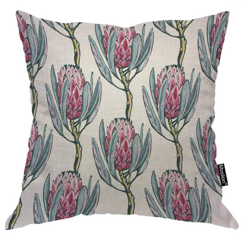 Moslion Protea Pillow Cover Pink Exotic Flower Green Leaves Floral Botanical Plant Throw Pillow Case 16x16 Inch Cotton Linen Square Cushion Decorative Cover for Sofa Bed
