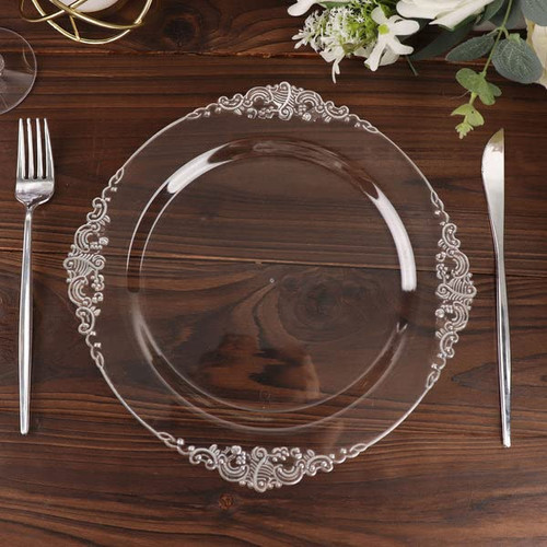 TABLECLOTHSFACTORY 10 Pack | Clear/Silver Baroque 10" Round Plastic Dinner Plates, Disposable Tableware with Leaf Embossed Gold Rim