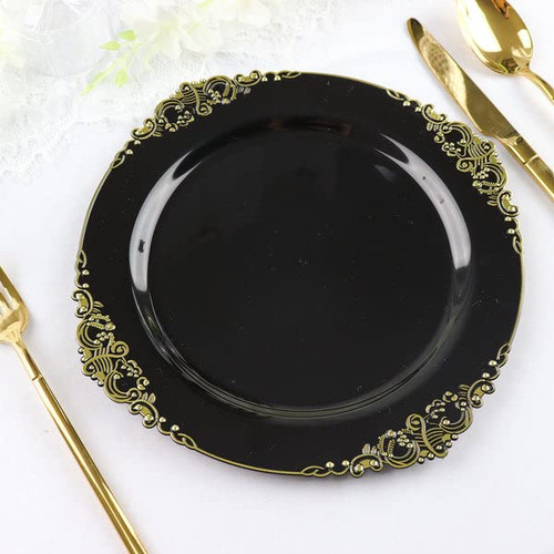 TABLECLOTHSFACTORY 10 Pack | Black/Gold Baroque 10" Round Plastic Dinner Plates, Disposable Tableware with Leaf Embossed Gold Rim