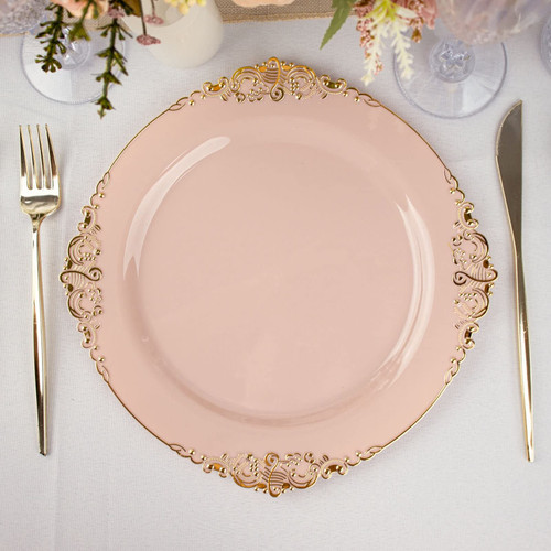 TABLECLOTHSFACTORY 10 Pack | Blush Rose Gold Baroque 10" Round Plastic Dinner Plates, Disposable Tableware with Leaf Embossed Gold Rim