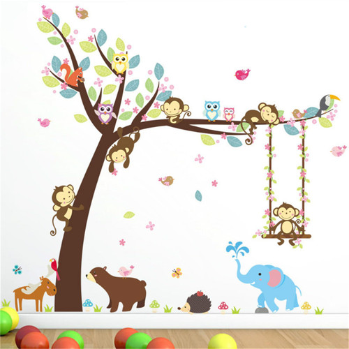 WOHAHA Jungle Animals Wall Decals Monkey and Tree Wall Stickers Elephant Giraffe Hedgehog Tree Swing Cartoon Wall Decal Removable Monkey Climbing Tree Wall Decal or Kids Bedroom Baby Nursery