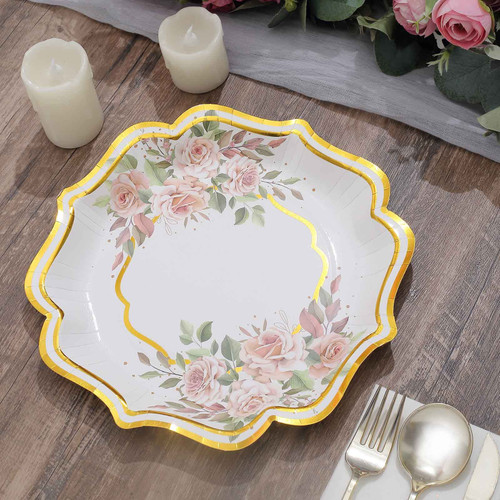 TABLECLOTHSFACTORY 25 Pack | White/Gold Floral 10" Scallop Rim Dinner Party Paper Plates, Disposable Plates - 300 GSM