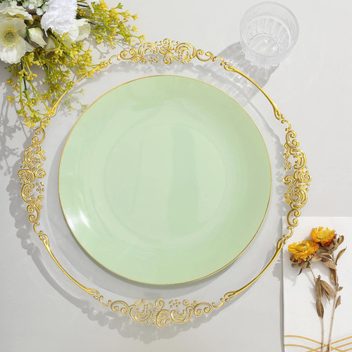 Efavormart 10 Pack | 10" Glossy Sage Green Round Plastic Dinner Plates With Gold Rim, Disposable Party Plates