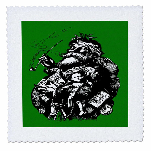 3dRose Vintage Style Black and White Illustration of Santa Claus Green - Quilt Squares (qs_352225_4)