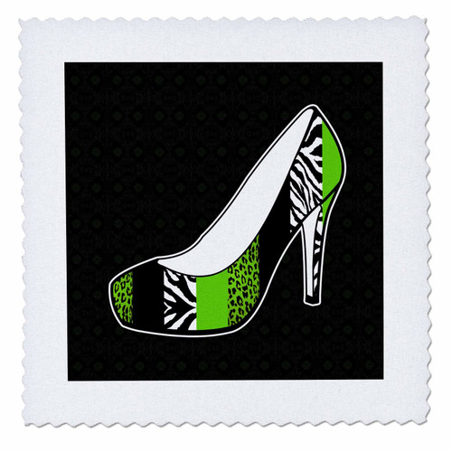 3dRose I Love Shoes - Animal Print High Heel Shoe - Green Cheetah and Zebra - Quilt Square, 12 by 12-inch (qs_57146_4)