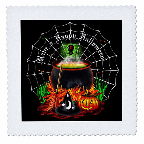 3dRose Halloween Cauldron, Jack-o-Lantern, witch hat and black widow. - Quilt Square, 12 by 12-inch (qs_216711_4)