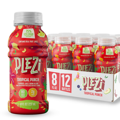 PLEZi Flavored Kids Juice Drink - Tropical Fruit Punch Fruit Juice Drink Blend - No Added Sugar, 2g Fiber - Tasty Refreshing Juices for Kids - 8 fl oz (Pack of 12)