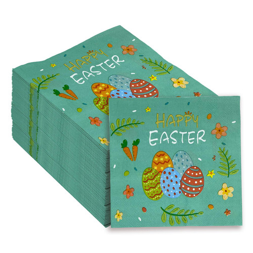 80 Pack Easter Napkins Paper, 6.5 x 6.5 Inch Disposable Napkins Happy Easter Egg Bunny Floral Luncheon Dinner Napkins Table Decorative for Spring Easter Birthday Party Supplies (Green)