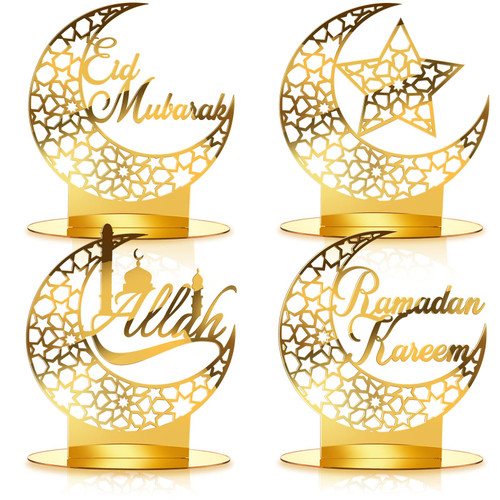 4 Pcs Acrylic Eid Mubarak Table Decoration Moon Star Ramadan Decorations Hollow Eid Decorations Ramadan Table Plaque Ornament for Happy Eid Mubarak Ramadan Home Room Table Craft Decoration Art Gift