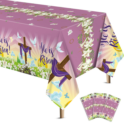 Mindsoft 3 Pcs He Is Risen Easter Tablecloth Spring Lily Floral Plastic Tablecloth 54 x 108'' Disposable Rectangle Table Decorations Religious Cross Table Cover for Easter Brunch Garden Kitchen Dining