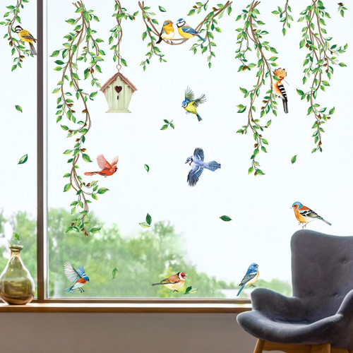 decalmile Spring Hanging Green Vine Double Sided Window Clings Birds Tree Leaves Window Decals Anti-Collision Glass Window Doors Window Stickers