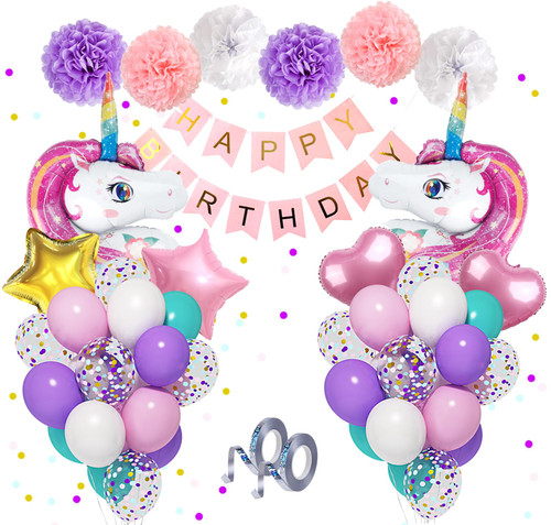 Unicorn Birthday Decorations for Girls, 40'' Large Foil Balloons 12'' Purple Pink Balloons Confetti Latex Balloons Paper Flower Happy Birthday Banner for Unicorn Birthday Party Supplies & 2 Ribbons Unicorn Birthday Decorations for Girls, 40'' Large Foil Balloons 12'' Purple Pink Balloons Confetti Latex Balloons Paper Flower Happy Birthday Banner for Unicorn Birthday Party Supplies & 2 Ribbons