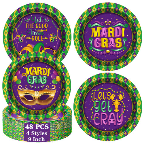 Helimoto 48 PCS Mardi Gras Decorations, 9 IN Mardi Gras Disposable Paper Plates, 4 Styles Tableware Dinnerware Purple Dinner Dessert Cake Plates Masquerade Carnival Party Table Decor Supplies