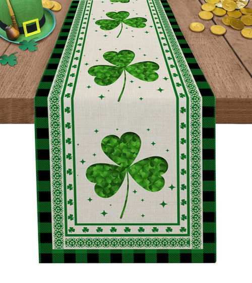St. Patrick's Day Table Runners 36 Inches Long, Shamrock Black and Green Buffalo Plaid Coffee Table Runner for Living Room,Cotton Linen Farmhouse Table Runner for Wedding/Party 13x36 Inch