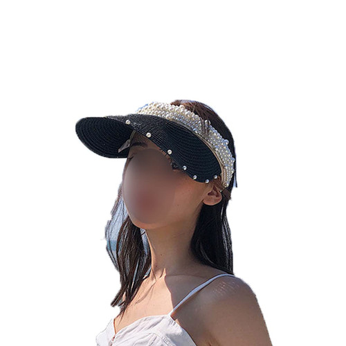 Sun Visor Hats for Women Wide Brim Packable Beach Visors Natural Raffia Pearl Straw Sun Protection Hat Summer Ponytail Hat