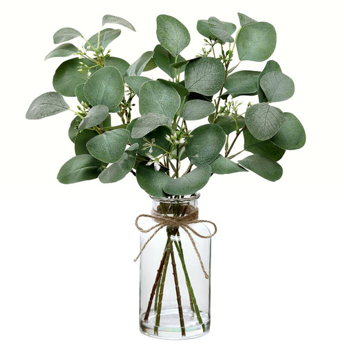 FOTEEWL 15" Artificial Eucalyptus Stems in Glass Vase with Faux Water,Fake Plant Eucalyptus Leaves Greenery for Centerpiece Table Decorations Office Farmhouse Wedding Kitchen Home Decor?Green?