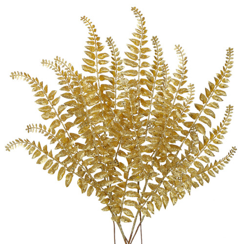 DILATATA 6Pcs Christmas Glitter Leaves Boston Fern Leaves 25" Artificial Gold Fern Leaf Picks Sprays Giltter Stems for Christmas Tree DIY Xmas Wreath Garland Home Decor - Gold