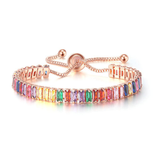 CiNily Adjustable Tennis Bracelets for Women Teen Girls Rainbow Cubic Zirconia Bracelet 14K Rose Gold Plated Hypoallergenic Slider Bracelet Jewelry Gift