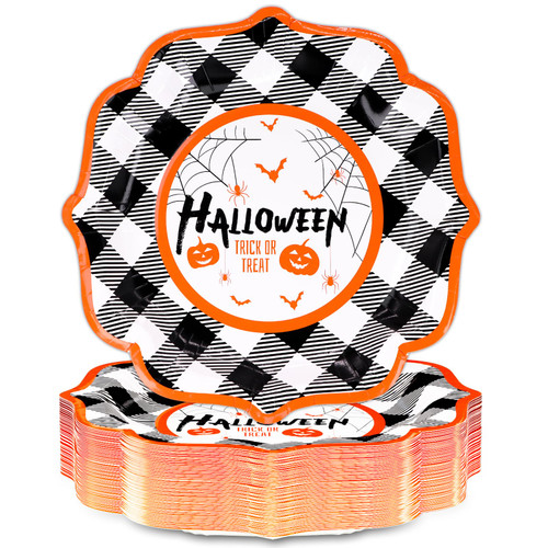 DYLIVeS Halloween Party Plates, Halloween Buffalo Plaid Pumpkin and Bats Disposable Paper Plates, 9 Inch Dinner Plates Halloween Party Supplies Hoilday Birthday Halloween Party Decorations, 50 Pcs