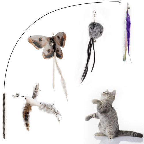 FUPUSUN 2024 Latest Cat Feather Toys, Interactive Cat Toys Kitten Toys, 1PCS Elasticity Cat Wand Toy and 4PCS Teaser Refills Tail Bird Feathers, Cat Toys for Indoor Cats Kitten Play Chase Exercise