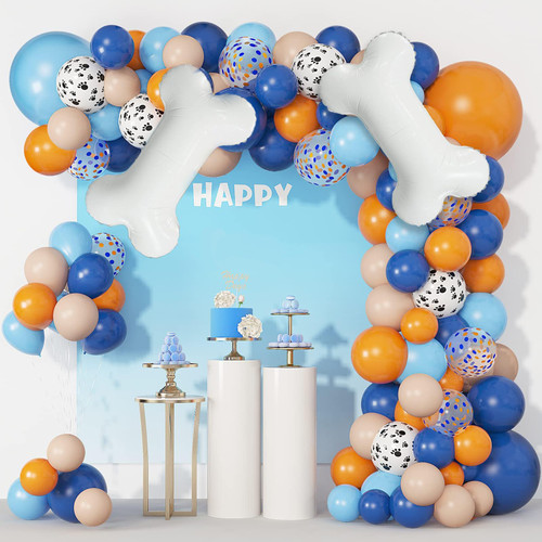 117Pcs Blue Birthday Party Supplies Balloons Garland Kit,White Dog Paw Balloons Arch for Baby Shower Girls and Boys Blue Theme Happy Birthday Party Decorations