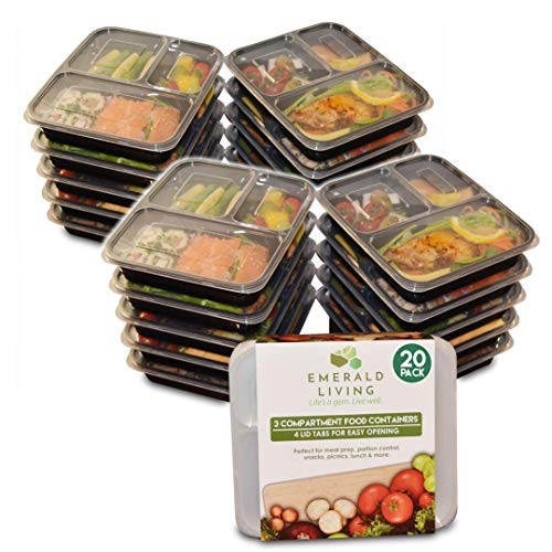 [20 pack] 3 Compartment BPA Free Meal Prep Containers. Reusable Plastic Food Containers & Lids. Stackable, Microwavable, Freezer & Dishwasher Safe. Bento Box/Lunch Box Container Set + EBook [36 oz]