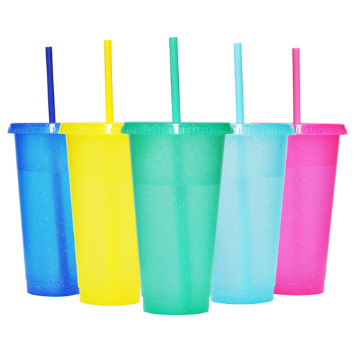 Suertestarry 24 oz 5-Pack Glitter Cups with Lids and Straws Reusable Plastic Cups for Cold Drinks Tumbler with Straw and Lid Great for Parties Iced Coffee Juices Smoothies
