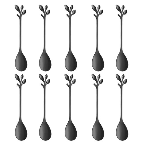 Stainless Steel Black Leaf Coffee Spoon-AnSaw 10 Pcs Creative Tableware Dessert Spoons, Stirring, Mixing, Sugar, Stir, Ice Cream, Cake, Teaspoon Set (Black-10Spoon)