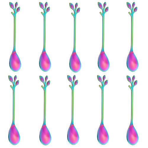 Stainless Steel Rainbow Leaf Coffee Spoon-AnSaw 10 Pcs Creative Tableware Dessert Spoons, Stirring, Mixing, Sugar, Stir, Ice Cream, Cake, Teaspoon Set (Rainbow-10Spoon)