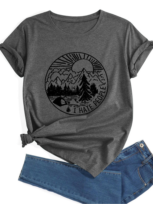GRTXIN Women Hiking Mountain Shirt Funny Home Camp Adventure Graphic Tees Summer Short Sleeve Workout Tee Top?Gray-L?