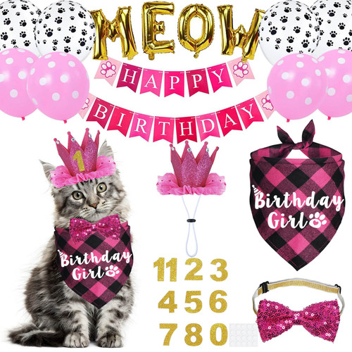 JOTFA Cat Birthday Party Supplies, Cat Birthday Outfits Cat Birthday Bandana with Cat Birthday Hat Crown Bow Tie Birthday Number Banner Balloons Meow Balloons for Cat Kitten Birthday Decorations JOTFA Cat Birthday Party Supplies, Cat Birthday Outfits Cat Birthday Bandana with Cat Birthday Hat Crown Bow Tie Birthday Number Banner Balloons Meow Balloons for Cat Kitten Birthday Decorations