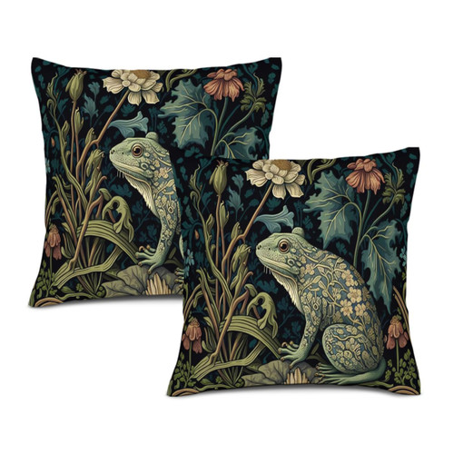 POMOTER Set of 2 18x18Inch Throw Pillow Cover Home Decorative Square Frog Green Flower Boho Cushion Covers Cotton Linen Home Decor Chinoiserie Pillow Cover