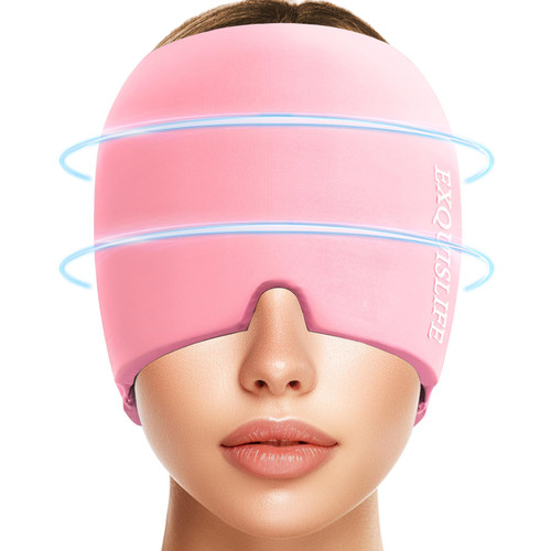 EXQUISLIFE Migraine Ice Head Wrap, Headache Relief Hat for Migraine Cap, Hot and Cold Therapy, Headache Eyes Mask for Sinus, Puffy Eyes, Tension and Stress Relief (Pink)