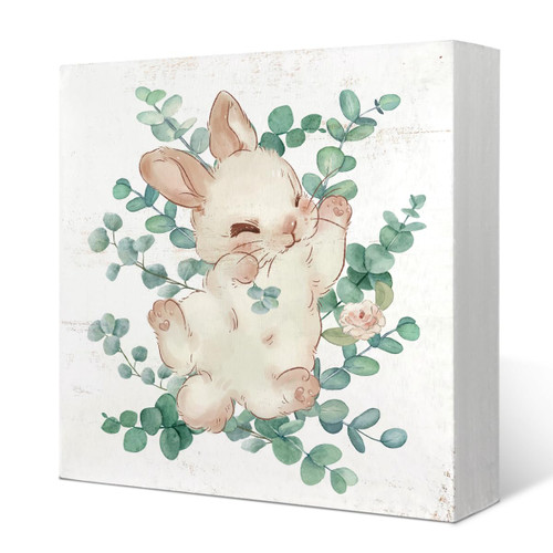 Easter Cute Bunny Decor Wooden Box Sign,Eucalyptus Leaves Rabbit Wooden Box Block Sign Decorative for Farmhouse Desk Shelf Table,Easter Decorations Gift for girls,5x5 Inch