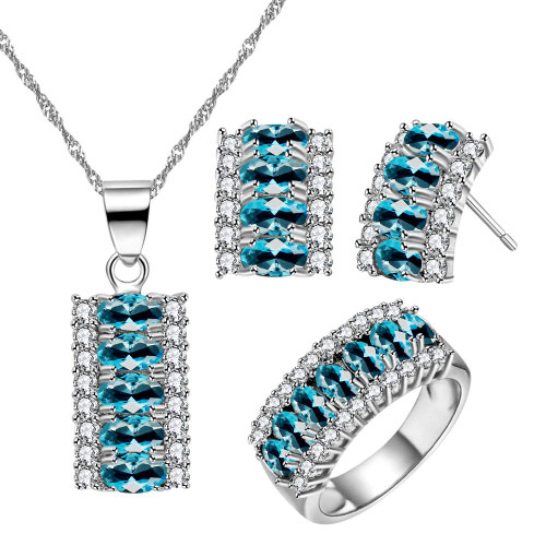 Uloveido Rhodium Plated Oval Cubic Zirconia Necklace Earrings and Rings Set, Fashion Crystal Wedding Jewelry Set for Women T502 (Light Blue,Size 6) Uloveido Rhodium Plated Oval Cubic Zirconia Necklace Earrings and Rings Set, Fashion Crystal Wedding Jewelry Set for Women T502 (Light Blue,Size 6)