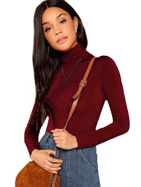 Floerns Women's Long Sleeve Slim Fit Turtleneck Basic T-Shirts Burgundy Red L
