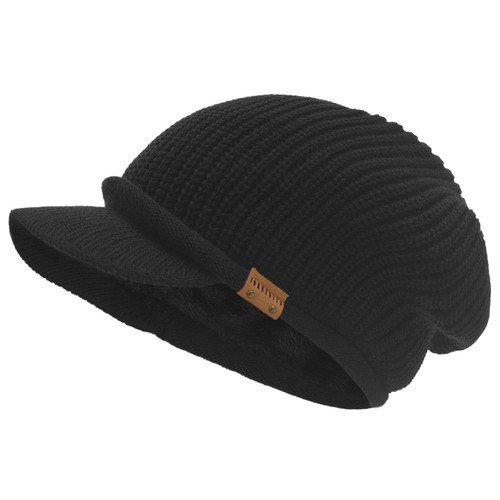 Winter Beanie with Visor - Stylish Knit Hat with Bill - Thick Brimmed Beanies with Fleece Lining Men and Women(B326-Black)