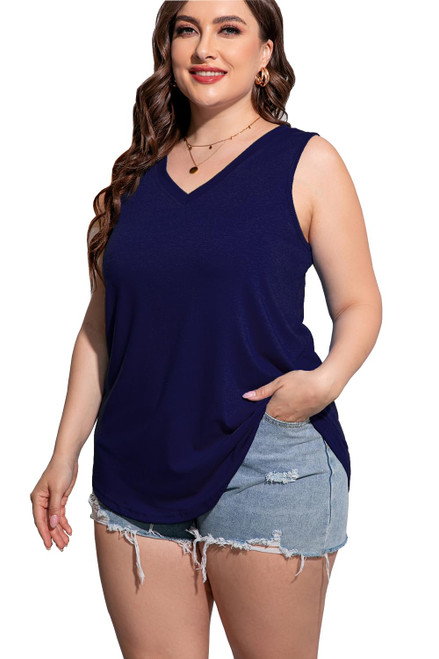CARROTMOB Plus Size Womens Fashion Basic Tops Summer Sleeveless Loose Fit V Neck Flowy Tops for Women Navy Blue 3X