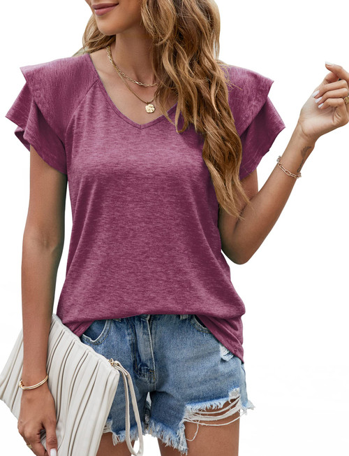 Womens Tops Short Sleeve T-Shirt V Neck Blouses Casual Loose Tee Shirt Ruffle Tee Shirt Tops Wine Red
