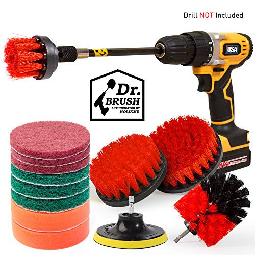 Holikme 14Piece Drill Brush Attachments Set,Red Scrub Pads & Sponge, Power Scrubber Brush with Extend Long Attachment All purpose Clean for Grout, Tiles, Sinks, Bathtub, Bathroom, Kitchen & Automobi
