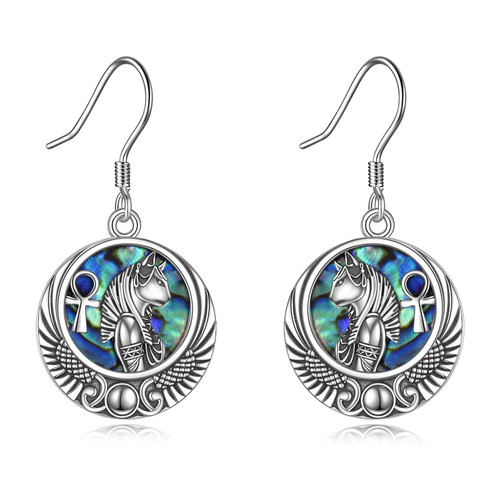 YFN Bastet Goddess Earrings Sterling Silver Egyptian Cat Dangle Drop Earrings Abalone Shell Egypt Jewelry Gifts for Women Girls