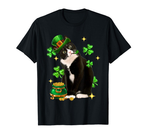 St Patricks Day Cute Tuxedo Cat Shamrock Irish Cat Lover T-Shirt