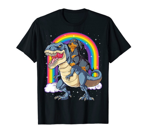 Dachshund Riding Dinosaur T-rex Gifts Boys Kids Rainbow T-Shirt